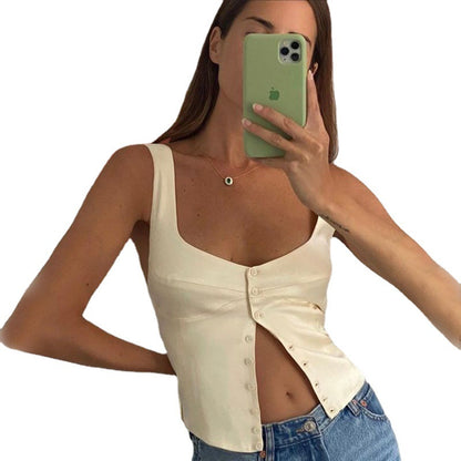 Vest Top in Satin with Square Neck and Button Front - white mirror angle
