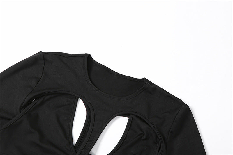 Bodysuit in Black with Open Back and Front Cut-Outs - black neckline cut-out detail