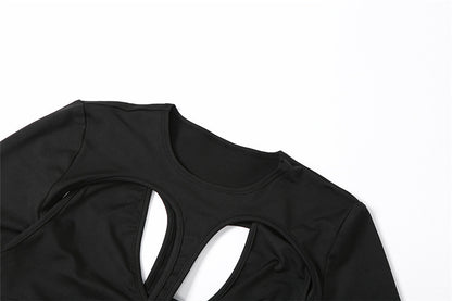 Bodysuit in Black with Open Back and Front Cut-Outs - black neckline cut-out detail