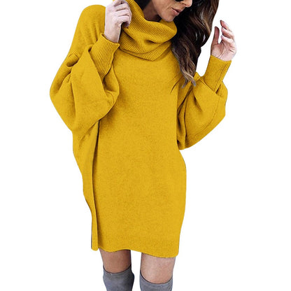 Jumper Dress in Oversized Cowl-Neck Knit - Yellow side-front view