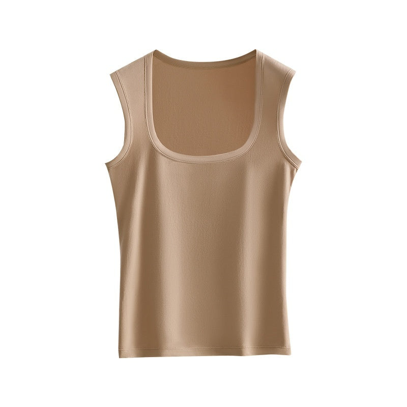 Vest Top with Square Neck and Smoothing Fit - Khaki flat lay front