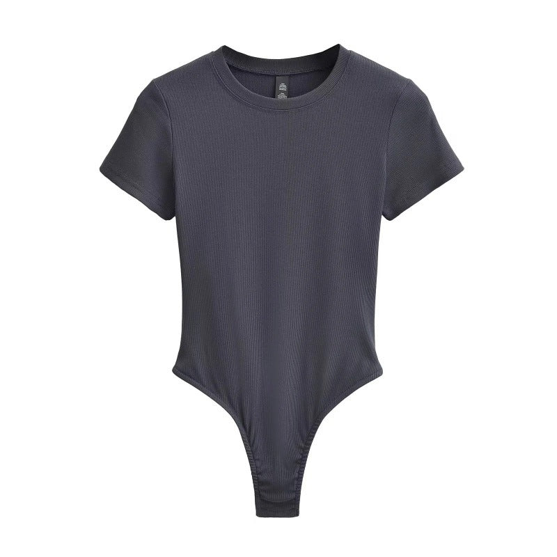 Bodysuit in Stretch Cotton with Short Sleeves - charcoal gray front view