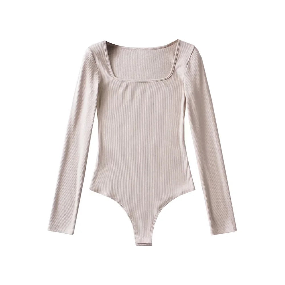 Square-Neck Brushed Rib Bodysuit with Long Sleeves - Beige front view