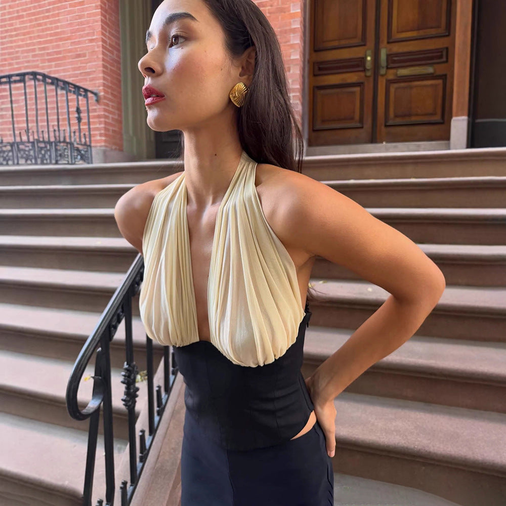 Halter Top in Black with Draped Cream Bust - black and cream side profile