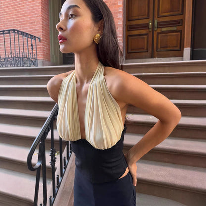 Halter Top in Black with Draped Cream Bust - black and cream side profile