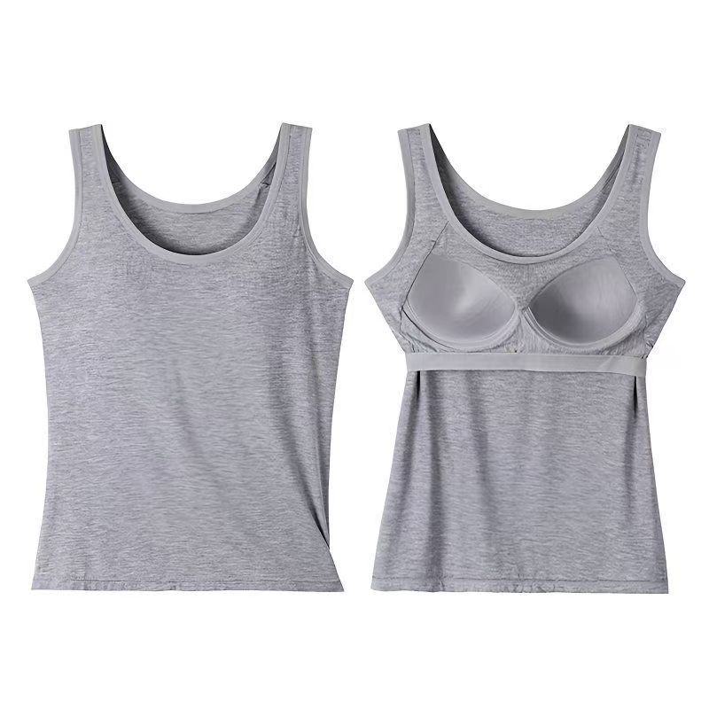 Vest Top with Built-In Bra Support - grey front and built-in cup detail