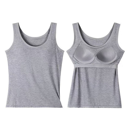 Vest Top with Built-In Bra Support - grey front and built-in cup detail