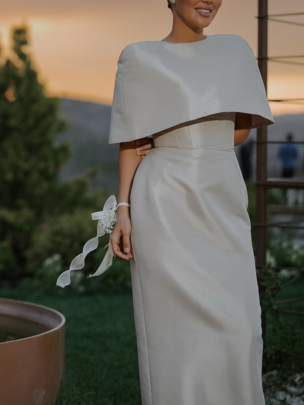Cape-Style Top & Column Maxi Dress Set in Ivory Satin - ivory angled full-length view