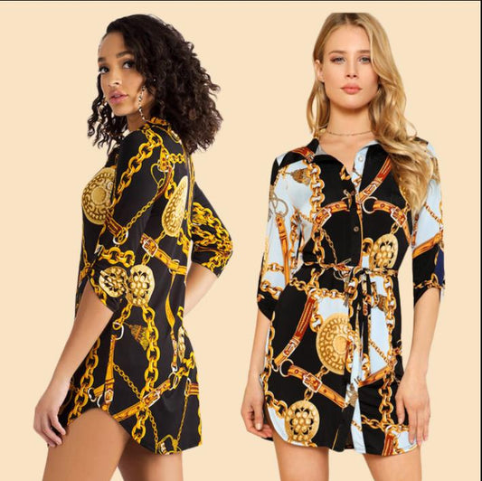 Tunic Shirt Dress in Chain Print - black and white front and side view