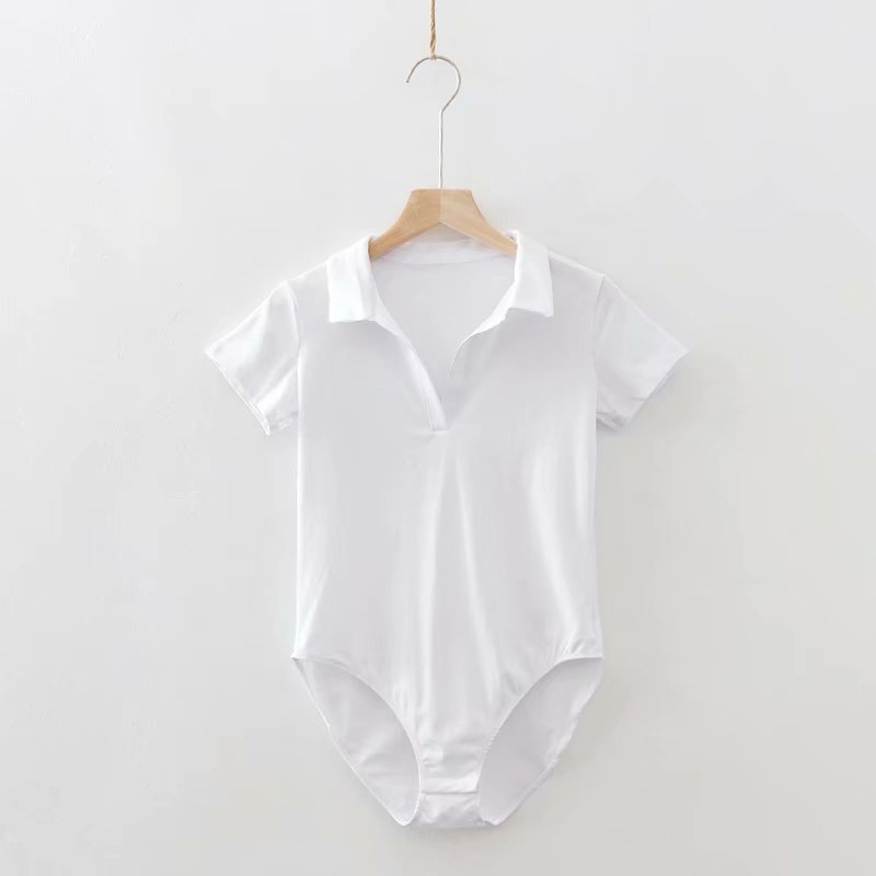 Bodysuit with Polo Collar in Black, Red or White - white front view