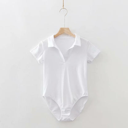 Bodysuit with Polo Collar in Black, Red or White - white front view