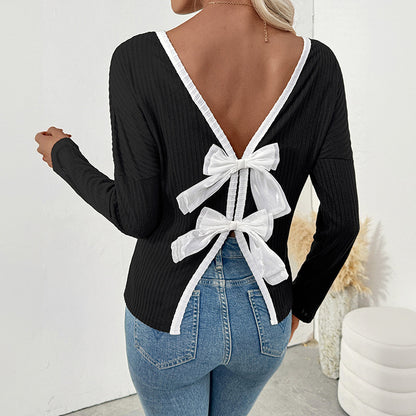 Ribbed Top in Black with Bow-Back Detail - black open back with white bows