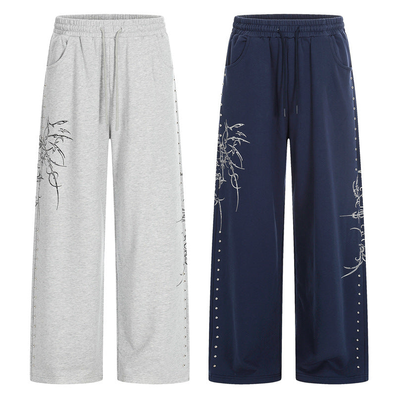 Wide-Leg Joggers with Thorn Print in Grey or Navy - grey and navy front view