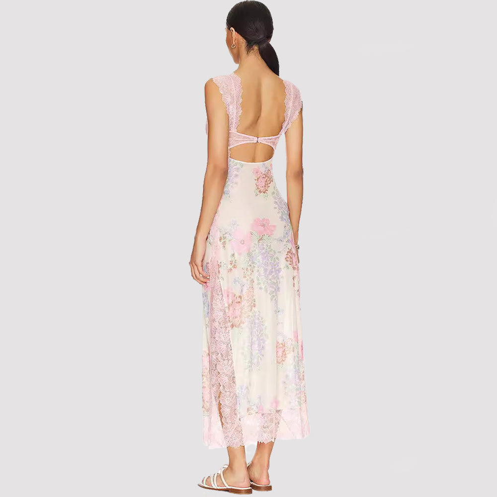Maxi Dress with Lace Bodice and Floral Print - pink back view