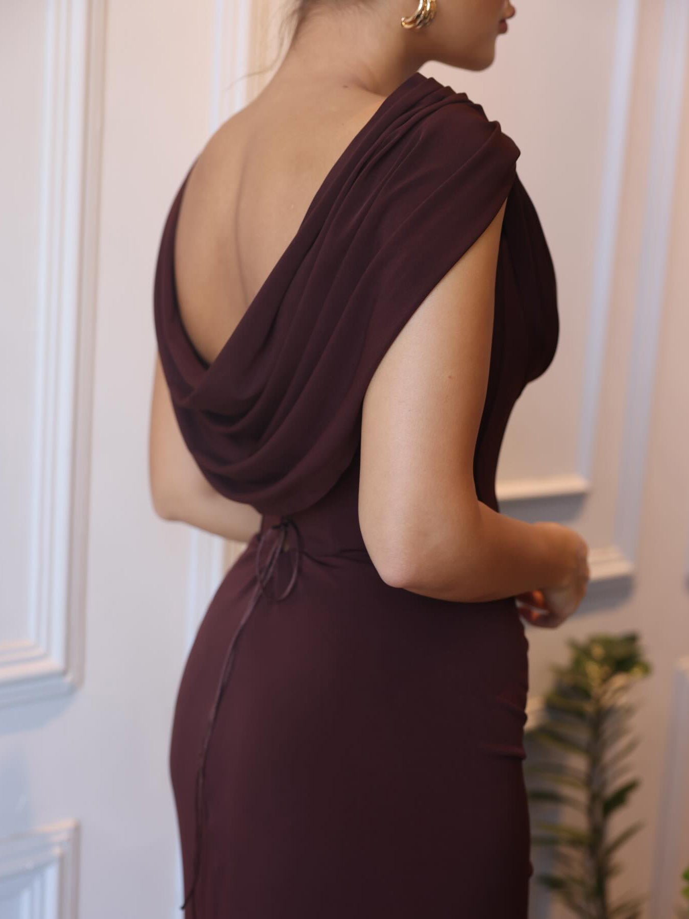 Draped-Cowl Open-Back Maxi Dress in Chocolate Brown - chocolate brown open-back detail