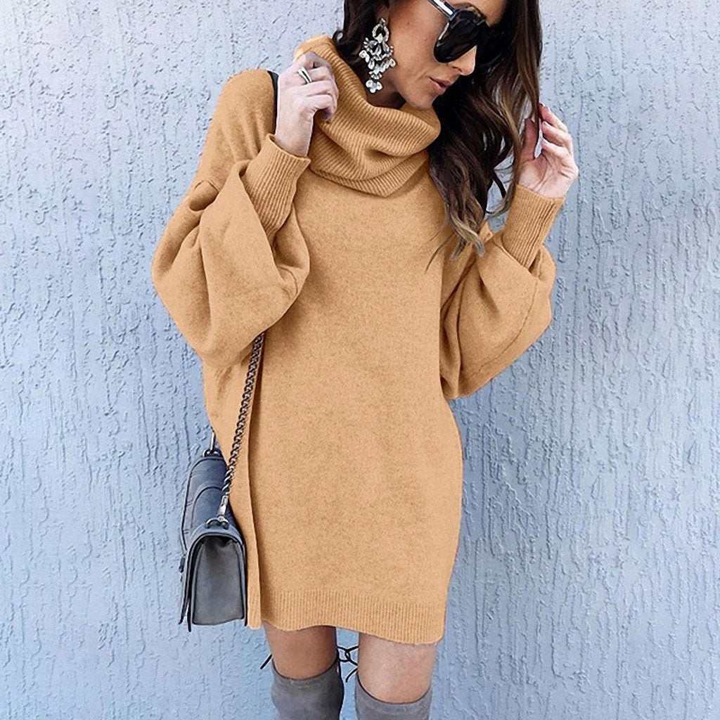 Jumper Dress in Oversized Cowl-Neck Knit - Khaki front view