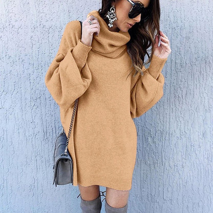 Jumper Dress in Oversized Cowl-Neck Knit - Khaki front view