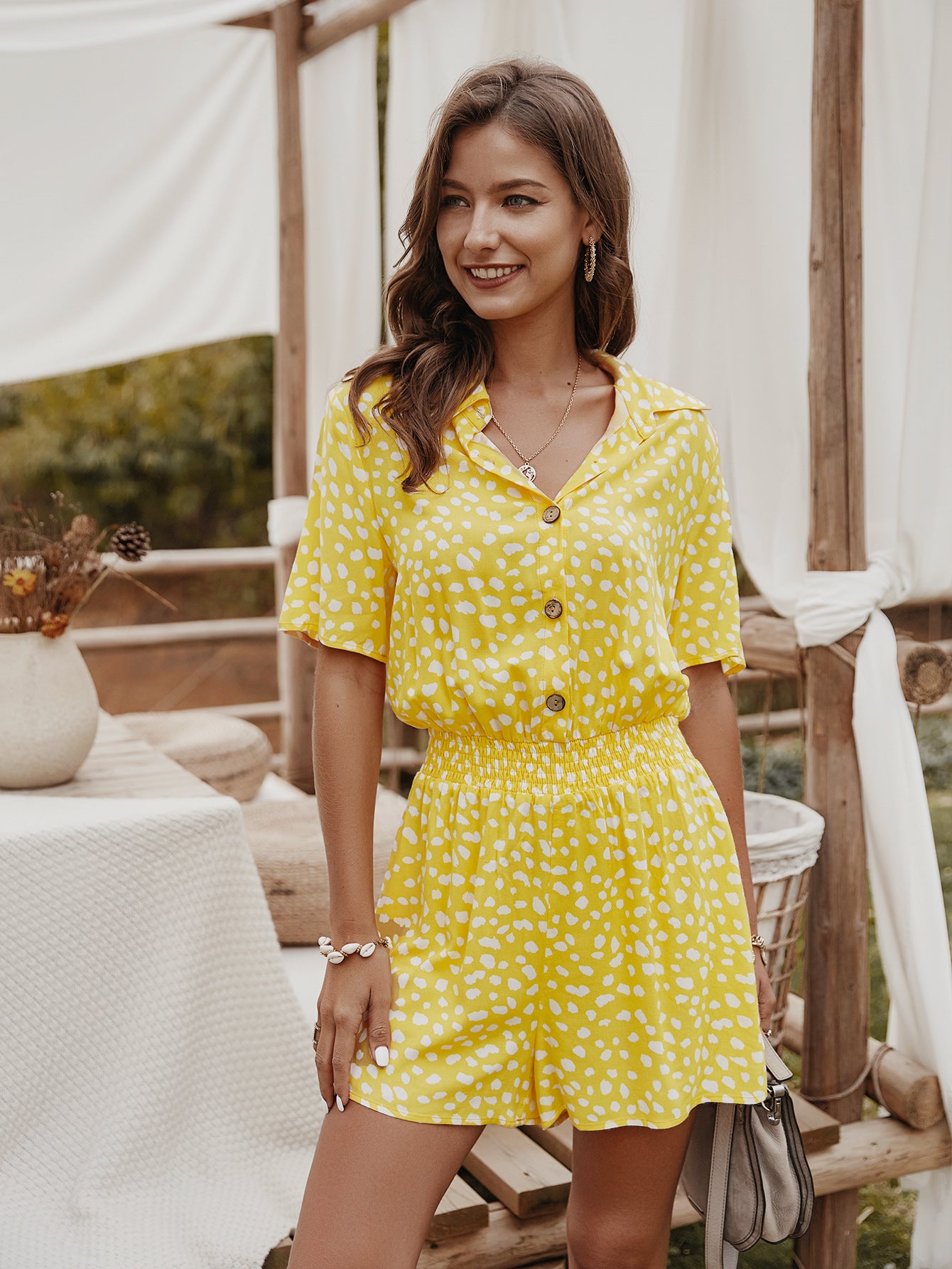 Playsuit with Shirt Collar in Ditsy Floral Print - yellow front view