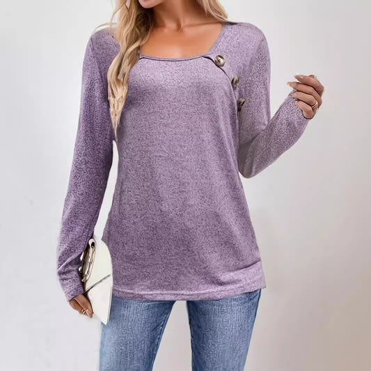 Knit Top in Lilac with Button-Shoulder Detail - soft lilac front view