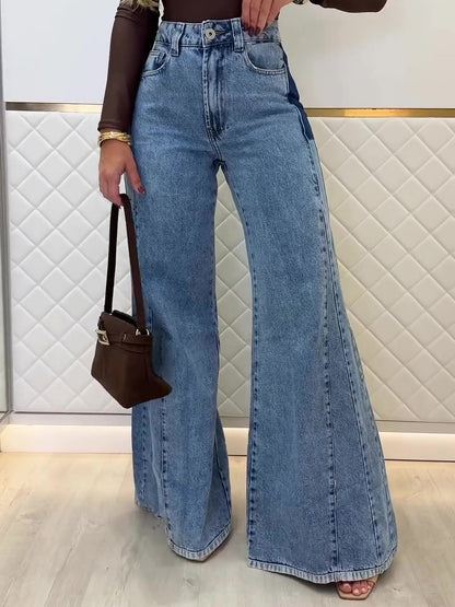 Light Blue High-Waisted Contrast Panel Flared Jeans - light blue angled front view with contrast side panel