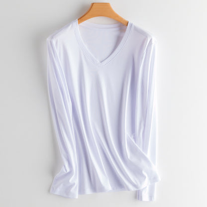 T-Shirt in Soft Drape Jersey with Long Sleeves - white V-neck front view