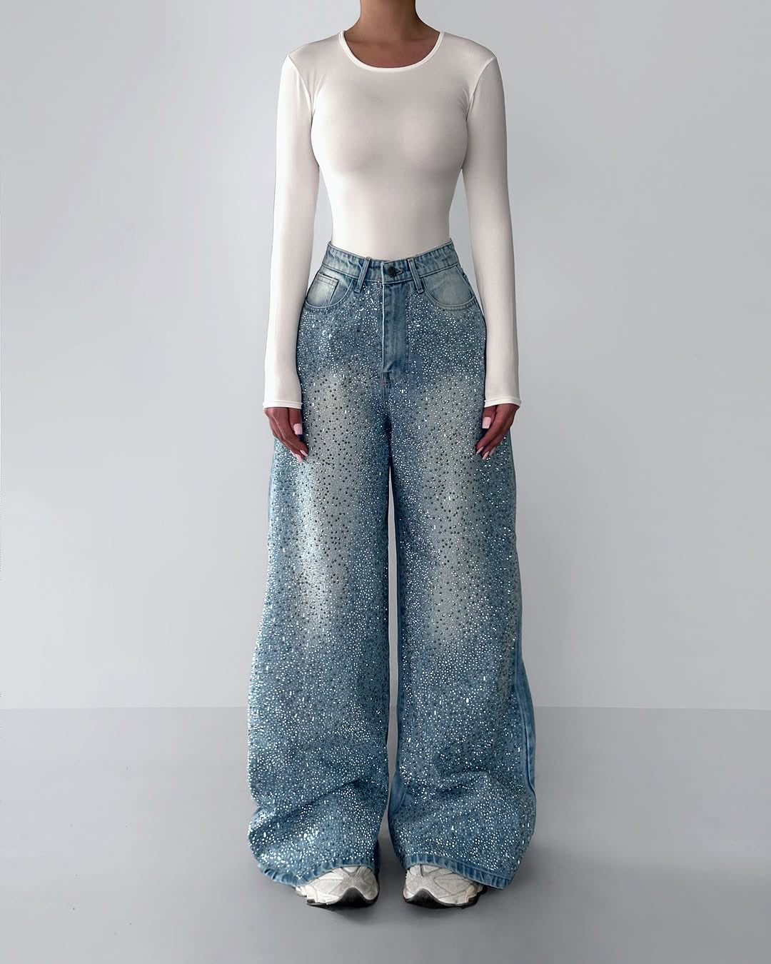 Rhinestone Wide-Leg Puddle Jeans in Blue - full front view