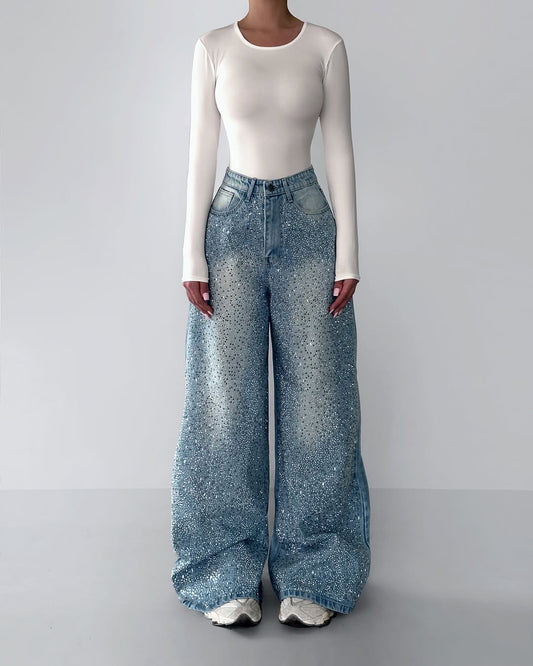 Rhinestone Wide-Leg Puddle Jeans in Blue - full front view