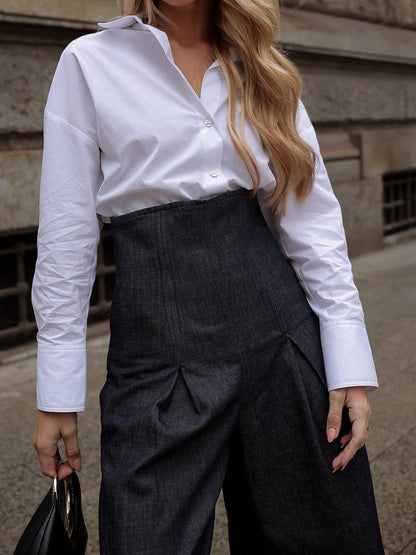 Dark-Wash High-Waist Wide-Leg Jeans - front detail, pleated high waist