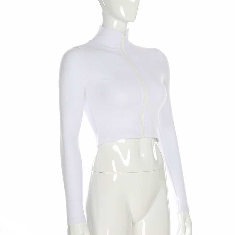 Ribbed Crop Top in White with Zip Front - white angled front detail