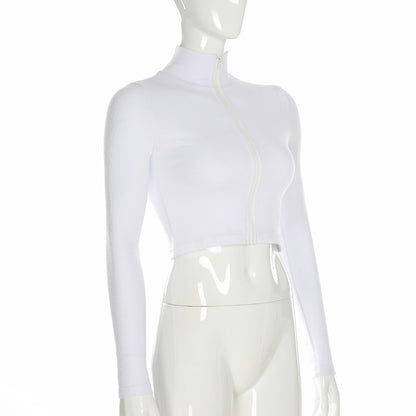 Ribbed Crop Top in White with Zip Front - white angled front detail