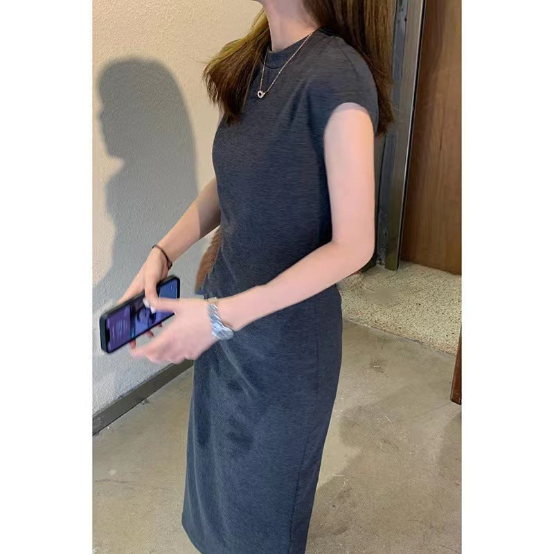 Maxi Dress in Charcoal Cotton Jersey - side view with cap sleeves