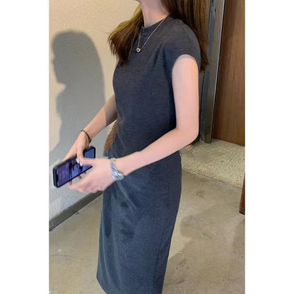 Maxi Dress in Charcoal Cotton Jersey - side view with cap sleeves