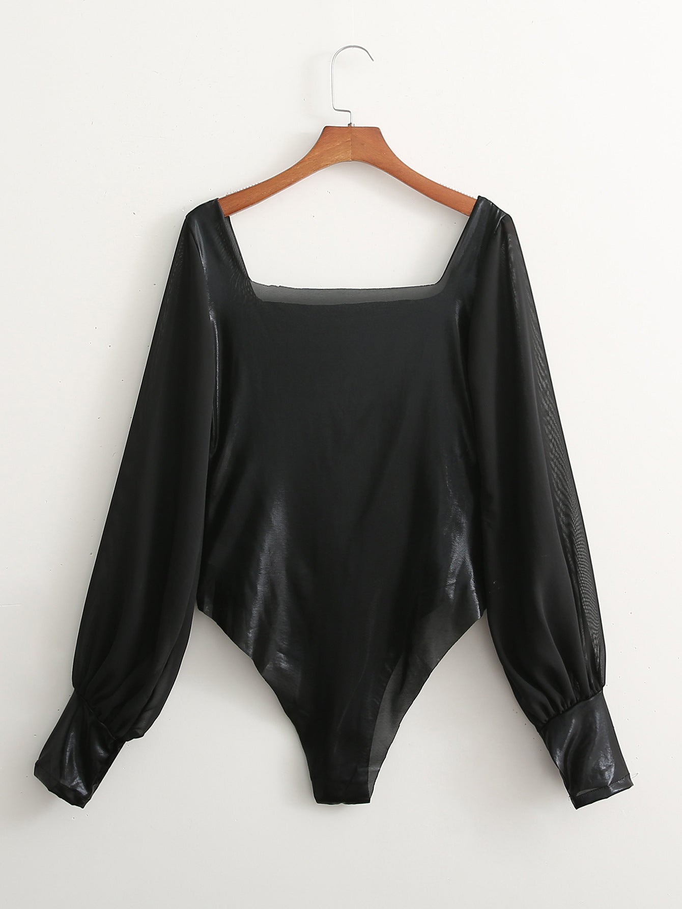 Bodysuit in Black Faux Leather with Sheer Sleeves - black full front hanger view