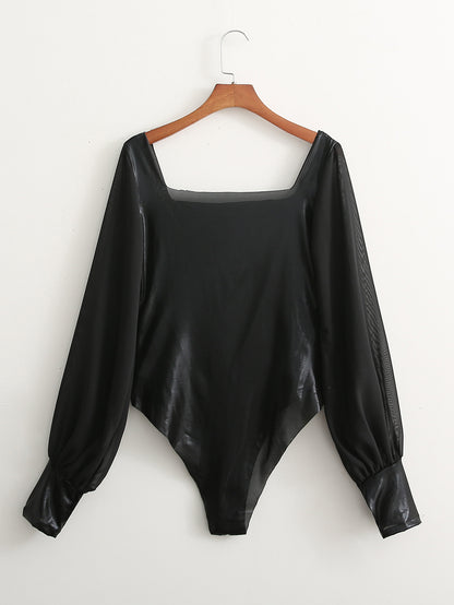 Bodysuit in Black Faux Leather with Sheer Sleeves - black full front hanger view