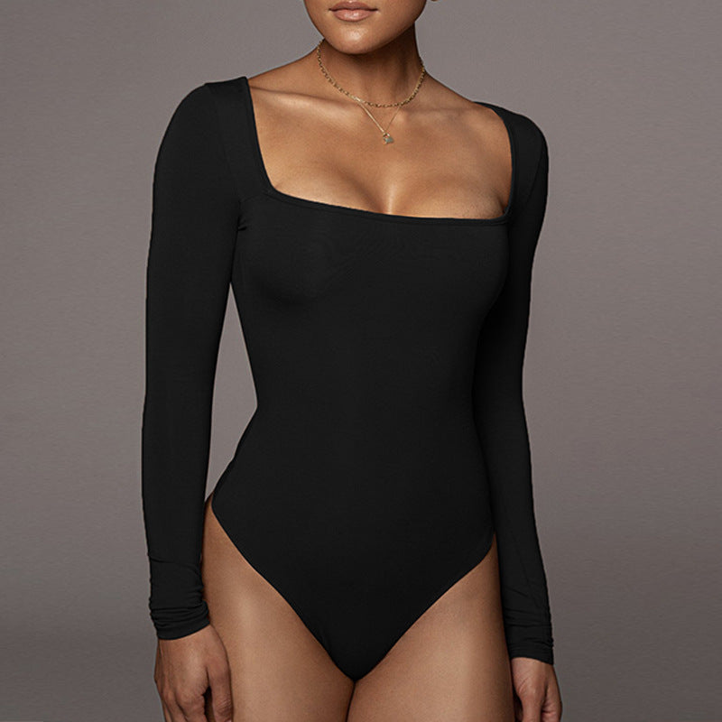 Bodysuit with Square Neck and Long Sleeves - black front lifestyle