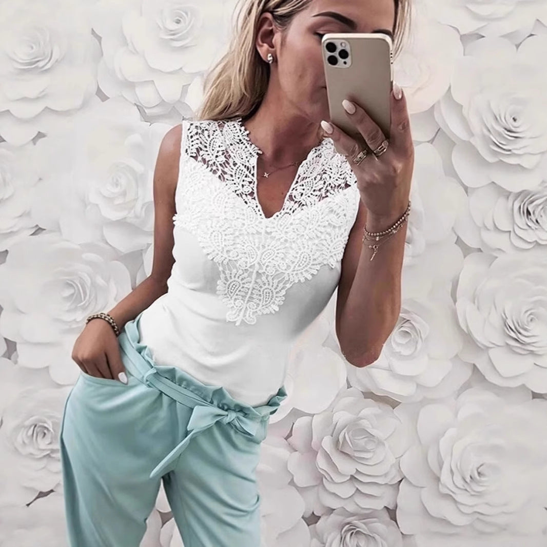 Sleeveless Top in White with Lace V-Neck Yoke - white styled front mirror view