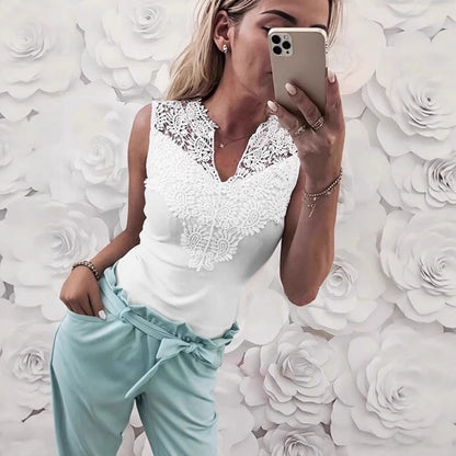 Sleeveless Top in White with Lace V-Neck Yoke - white styled front mirror view