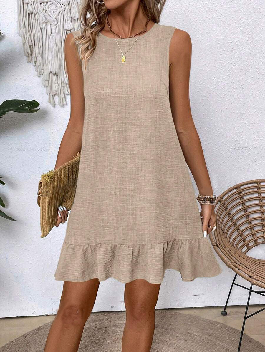Mini Dress with Ruffle Hem and Sleeveless Swing Fit - apricot front view