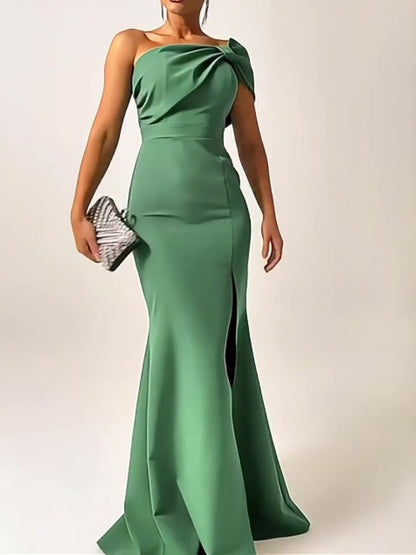 Maxi Dress with One-Shoulder Bow in Sage Green - straight-on front view showing fishtail hem