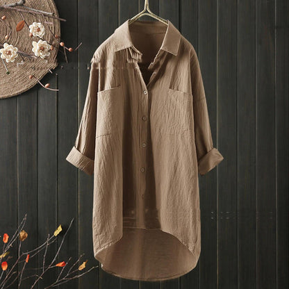 Longline Cotton-Linen Shirt with Curved Hem - khaki front view on dark backdrop