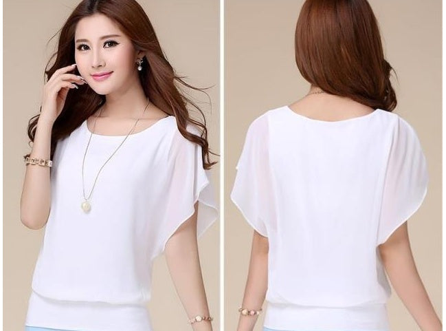 Blouse in Layered Chiffon with Batwing Sleeves - white front and back view
