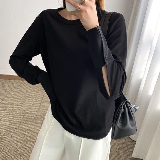 T-Shirt with Extended Cuffs for Layering - black front outfit view