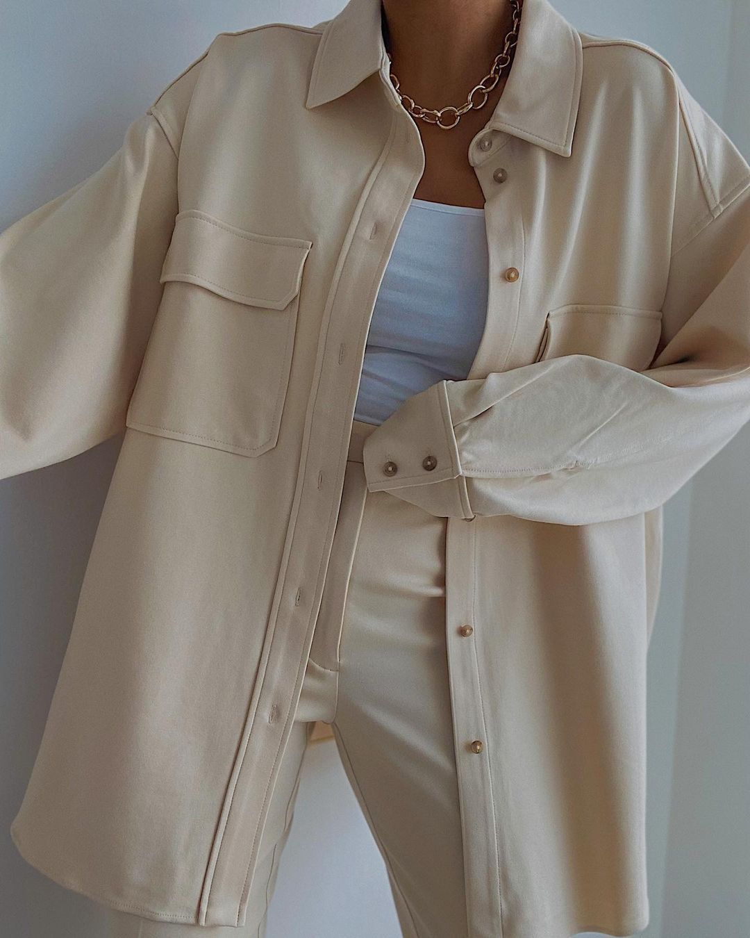Shirt Jacket in Beige & Dusty Pink with Longline Oversized Fit - beige close-up pocket detail