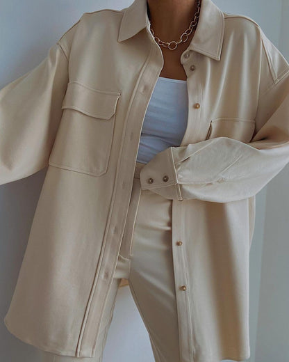 Shirt Jacket in Beige & Dusty Pink with Longline Oversized Fit - beige close-up pocket detail