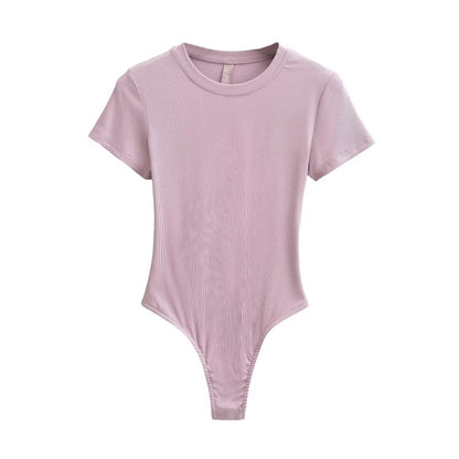 Bodysuit in Stretch Cotton with Short Sleeves - light pink purple front view
