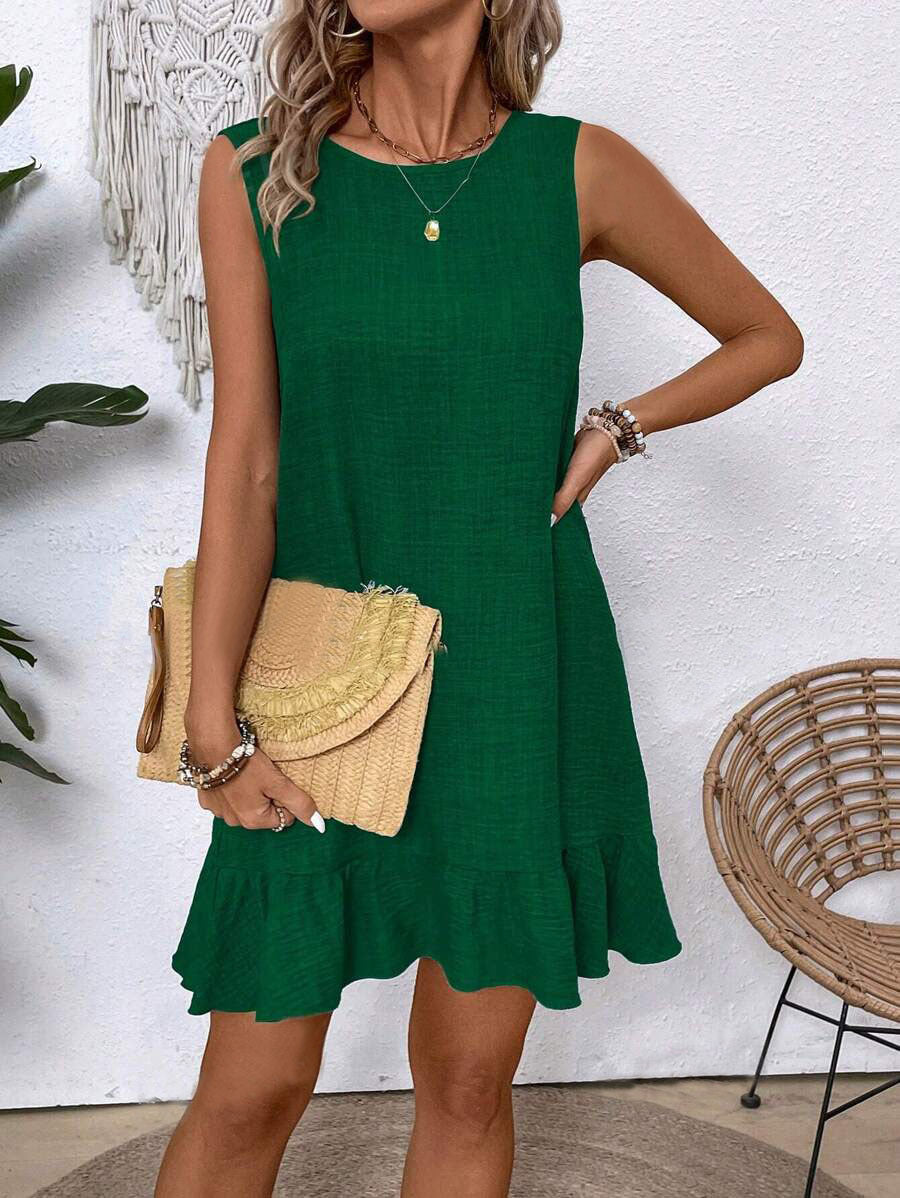 Mini Dress with Ruffle Hem and Sleeveless Swing Fit - dark green full front view