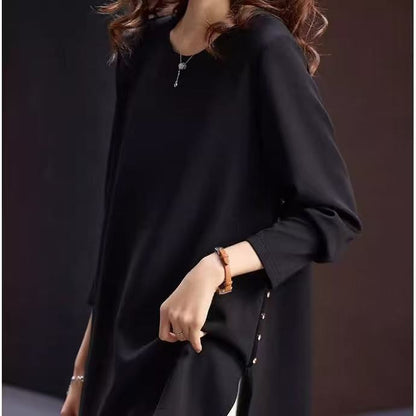 Tunic Top in Black with Side-Button Split Hem - black side detail