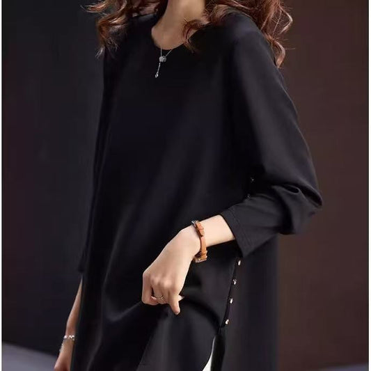 Tunic Top in Black with Side-Button Split Hem - black side detail