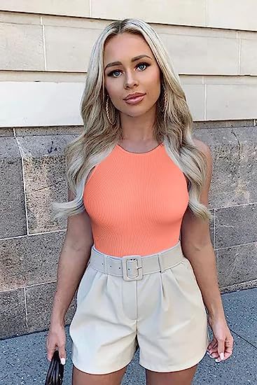 Bodysuit in Ribbed Cotton, Sleeveless Crew Neck - orange styled with tailored shorts