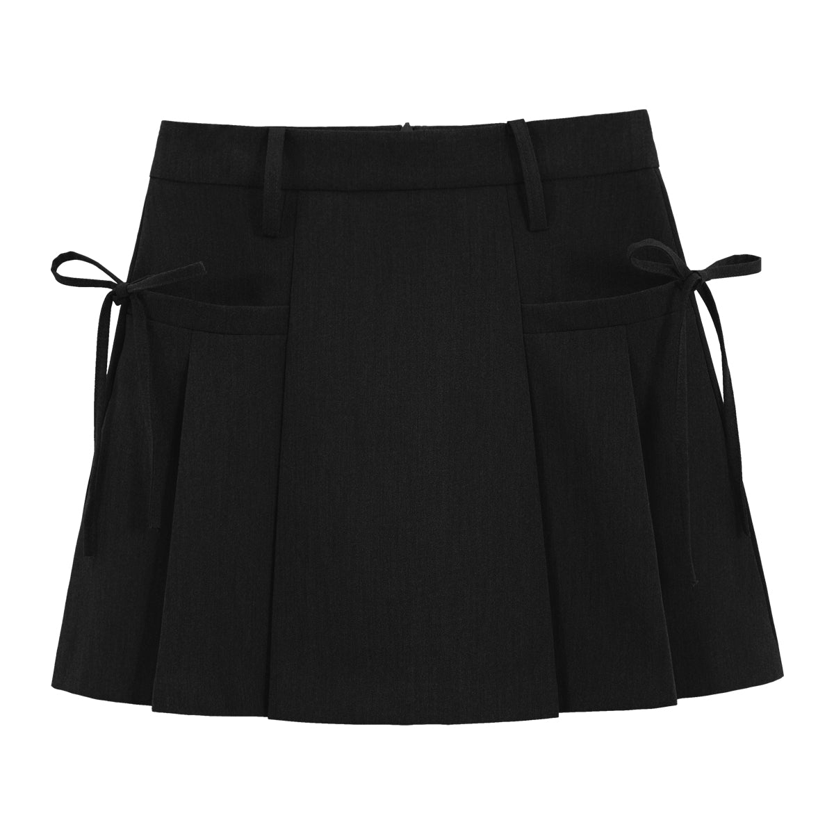 Mini Skirt in Pleated A-Line with Side Ties - black front view